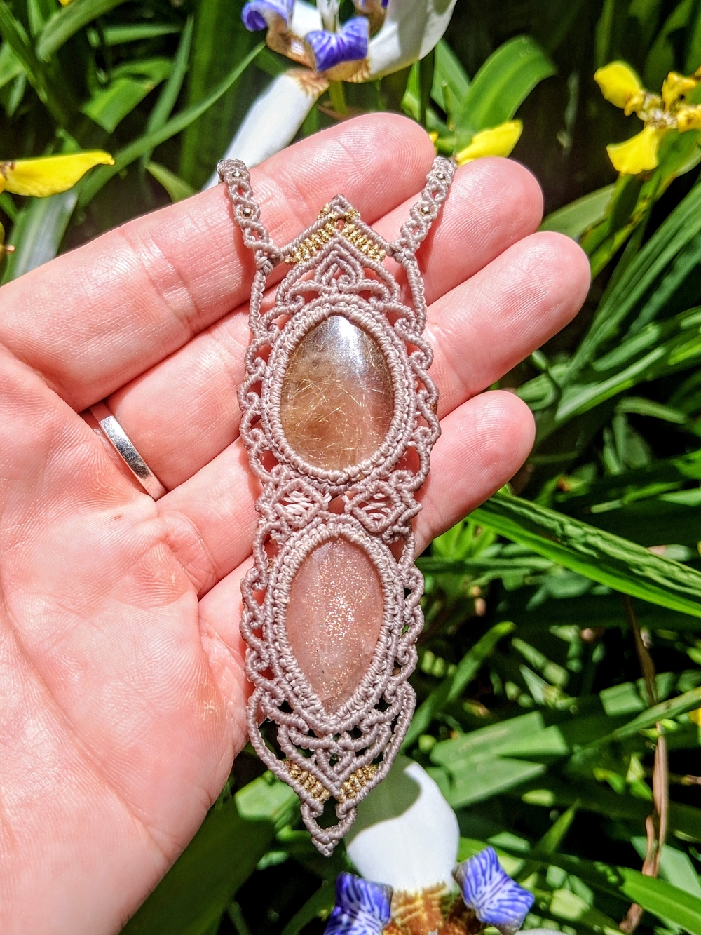 Handcrafted Macramé Necklace With Rutile Quartz, Peach Moonstone